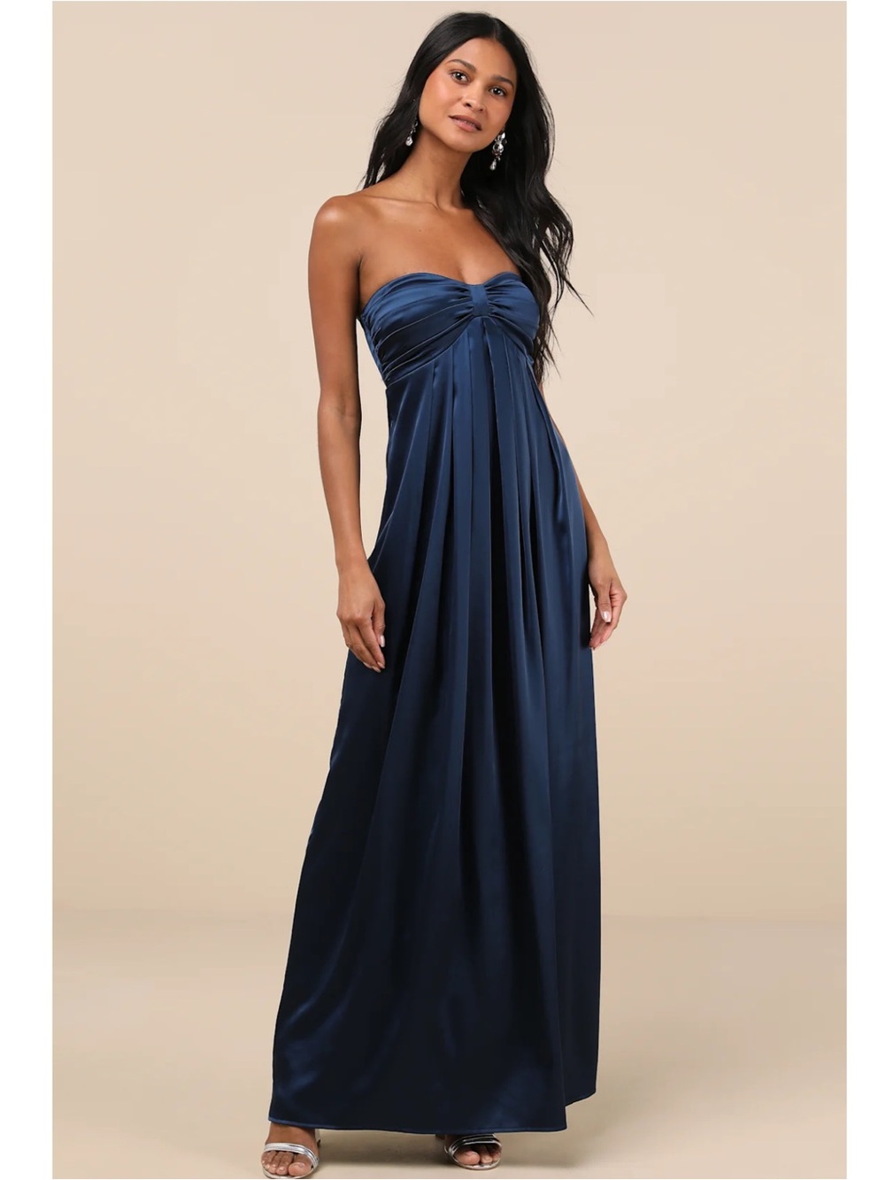 Lulus Memorable Entrance Dark Blue Strapless Satin Empire Waist Maxi Dress M NWT
